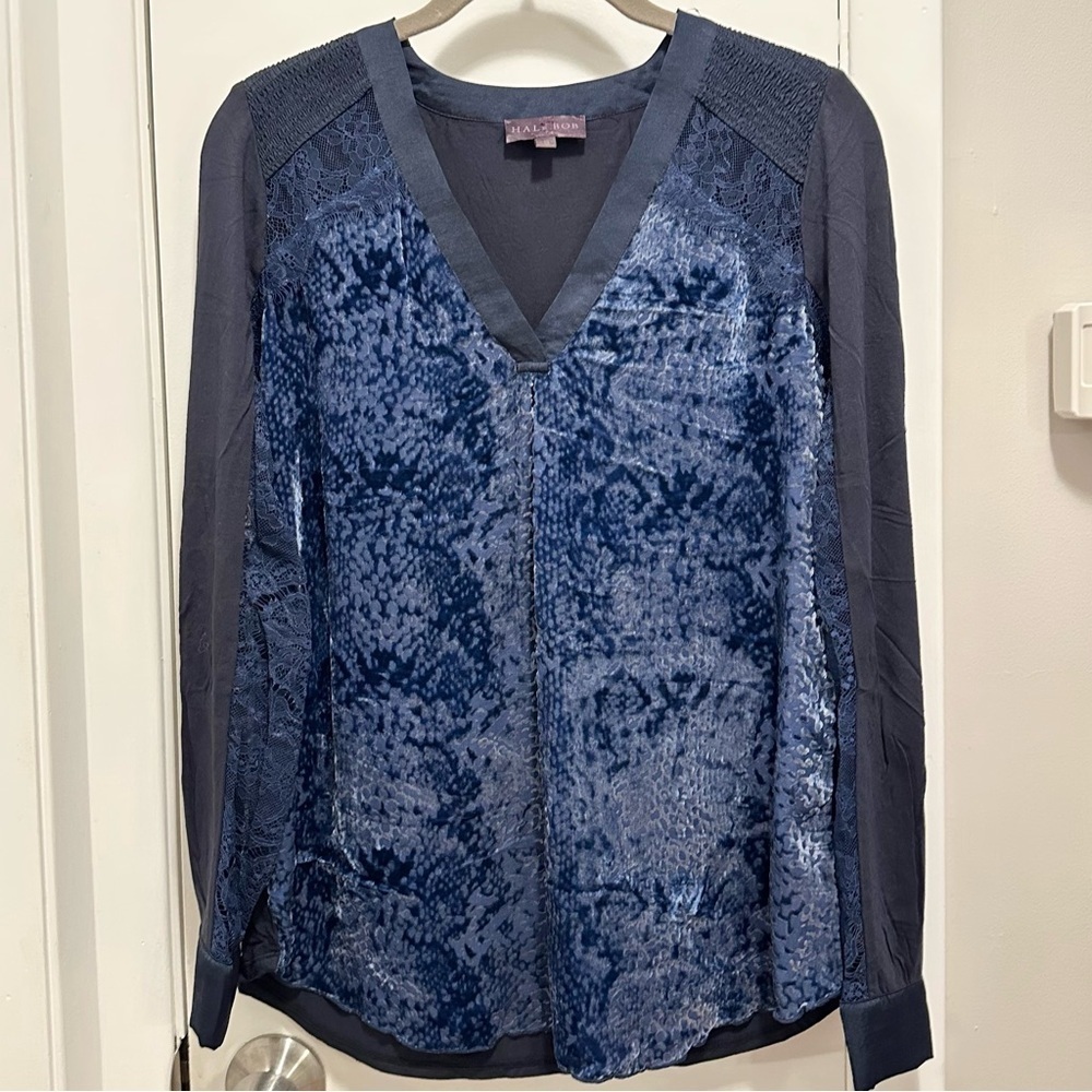 Hale Bob Velvet Burnout Top Wmns S Mixed Material Blouse Lace Silk V-neck Blue